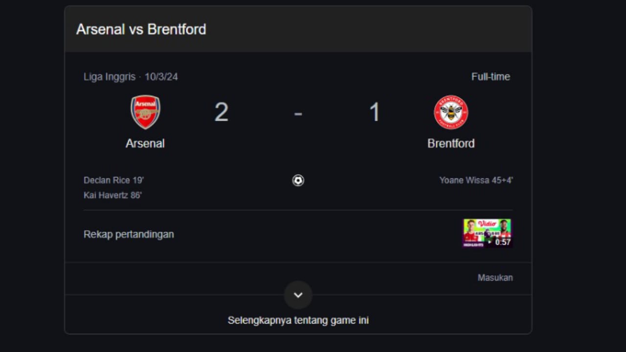 Arsenal Vs Brentford: Menang 2-1