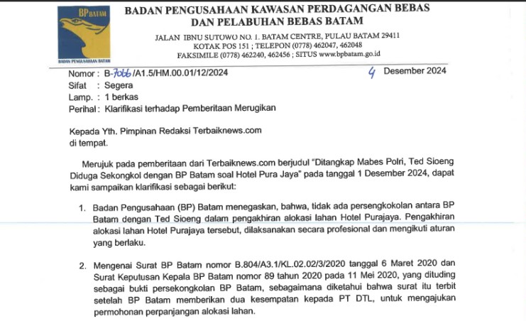Klarifikasi Tentang Ditangkap Mabes Polri, Ted Sioeng Diduga Sekongkol dengan BP Batam soal Hotel Pura Jaya