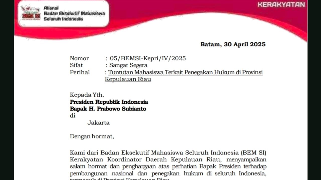 BEM SI Kepri Berkirim Surat ke Presiden Prabowo Subianto, Salah Satu Isinya adalah Perobohan Hotel Pura Jaya di Batam