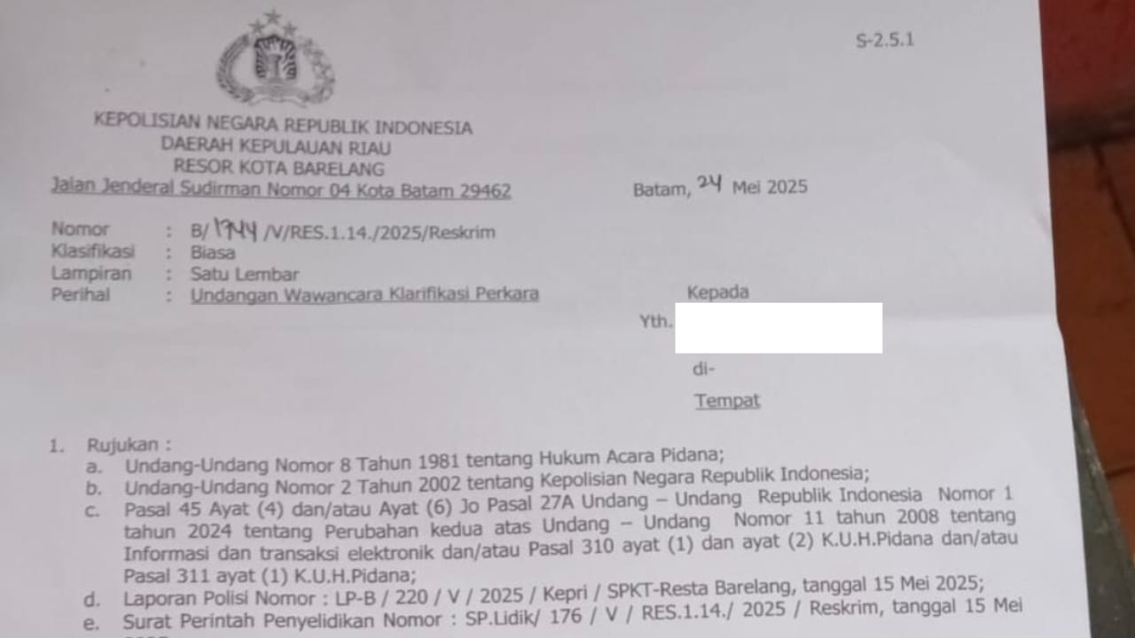 Seorang Loper Batam Dilaporkan ke Polresta Barelang Gegara Isi Berita Produk Jurnalis